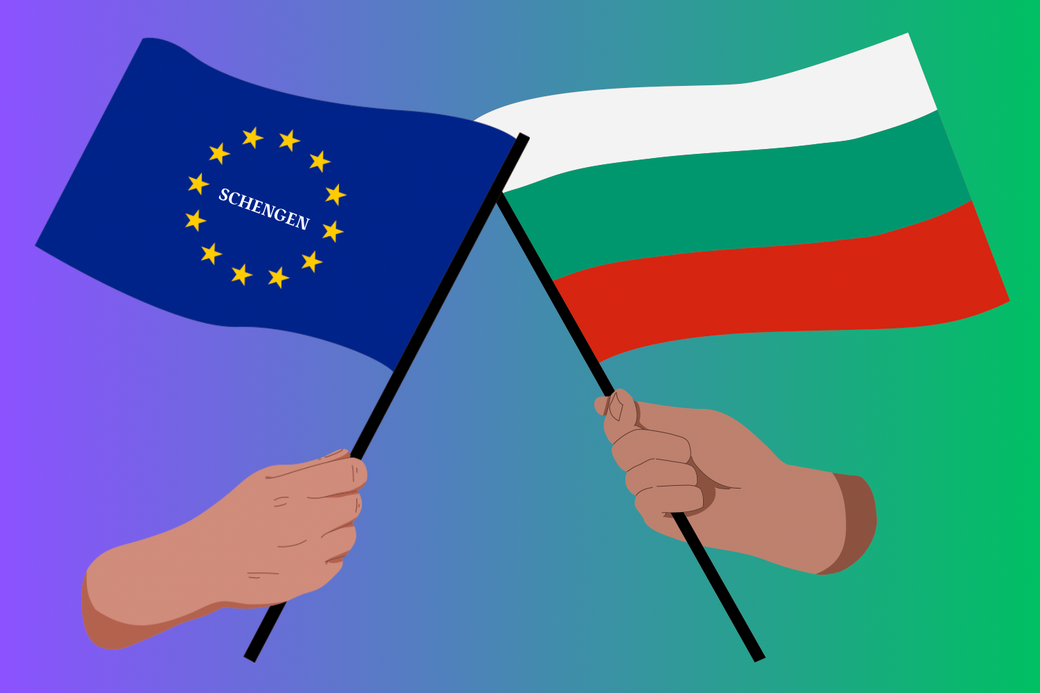 Vlaggen van Bulgarije en Schengen